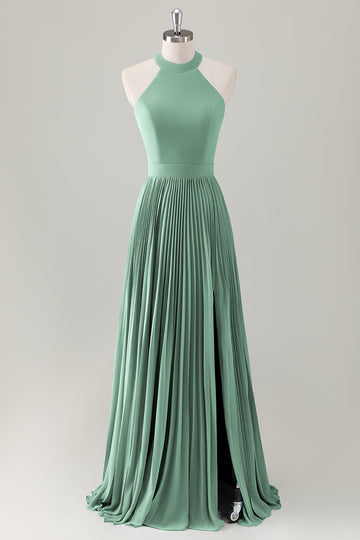 Vestido de dama de honor largo halter azul grisáceo con abertura